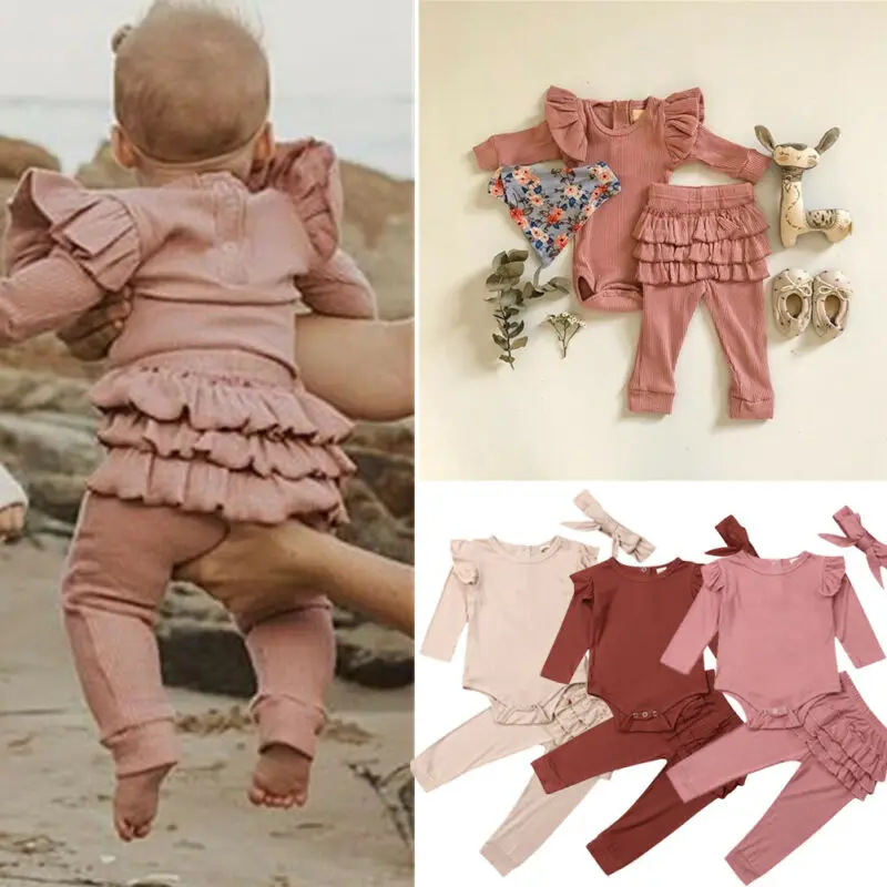 

3pcs Lovely Newborn Infant Baby Girl Long Sleeve Ruffle Top Romper Bodysuit Ruffle Pants Trousers Outfit Bowknot Headband