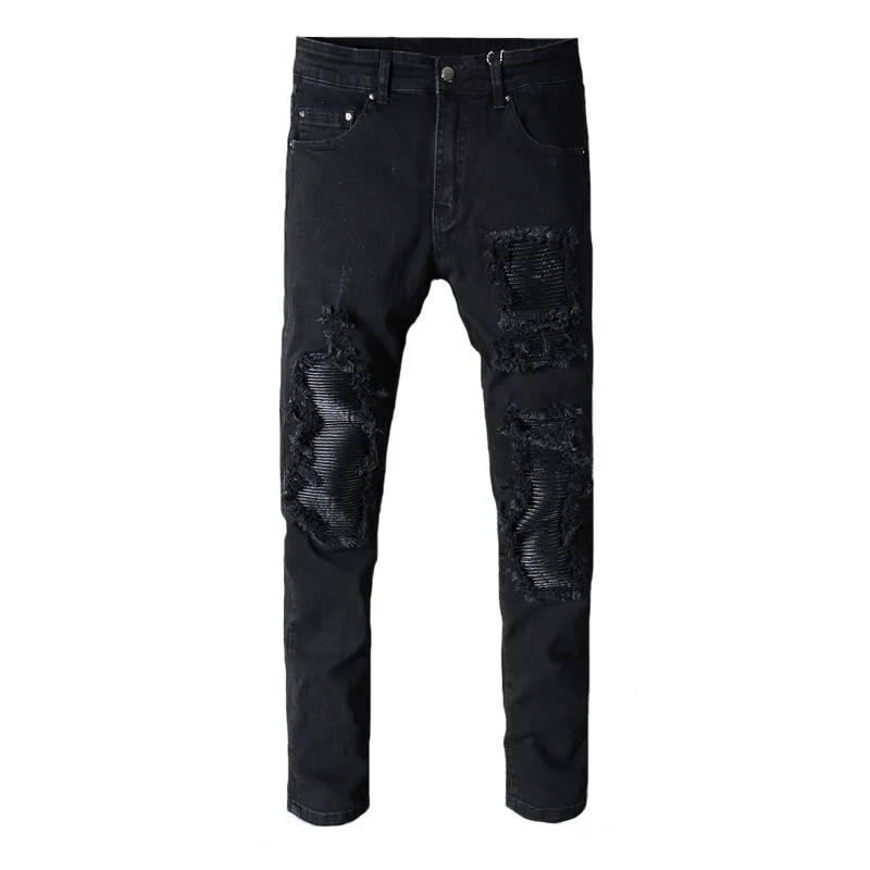 

Fashion Streetwear Men Jeans High Quality Black Color Slim Fit Elastic Ripped Jeans Men Patchwork Leather Spliced Hip Hop Jeans