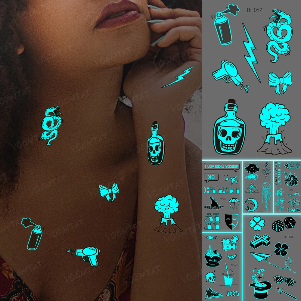 Luminous Tatoo Pattern Snake Skull Volcano Moon Cross Waterproof Temporary Tattoo Stickers Women Men Body Art Neck Glowing Tatto | Красота и