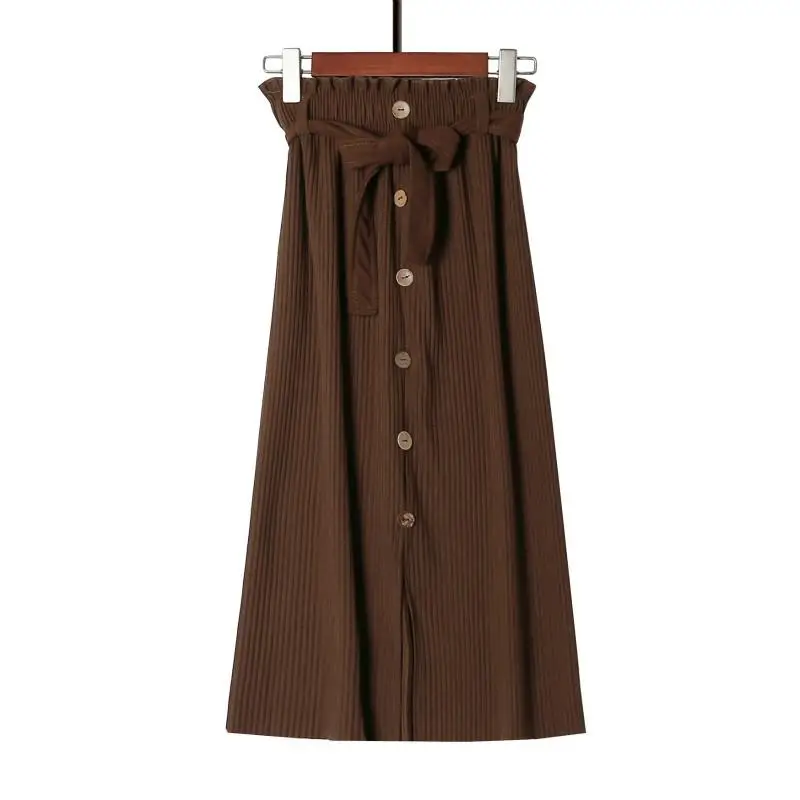Трикотажная длинная юбка с одной пуговицей для женщин, однотонная тонкая плиссированная юбка для женщин на осень и зиму, эластичные юбки с высокой талией для женщин - Цвет: Coffee