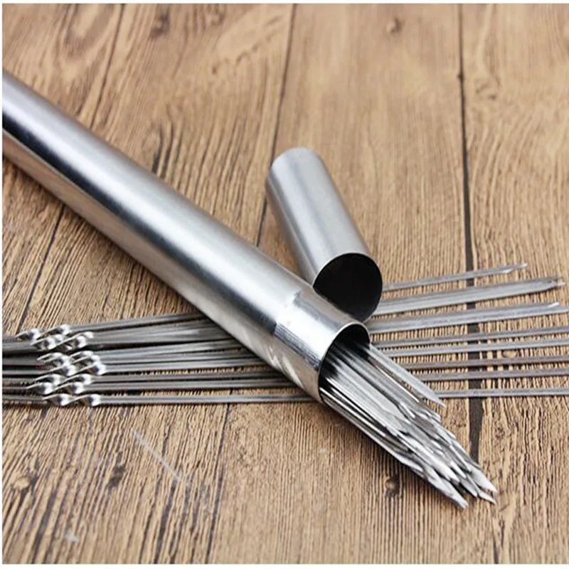 (50PCs) Stainless Steel Round Flat Barbecue Skewers BBQ Needle Grill BBQ Sticks with Tube