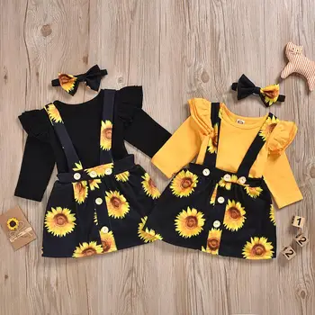 

Baby Girl's O-neck Long Sleeve Flowers Side Rompers+Turban+Skirts 3PCS Clothing Sets Sunflowers Casual Fashion Dress Sets