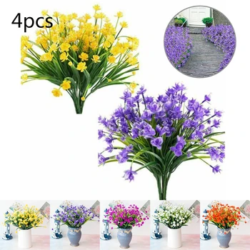 

4 Bundles Artificial Flowers Fake Outdoor Plants Faux Plastic Home Garden Decor Artificial Flowers New