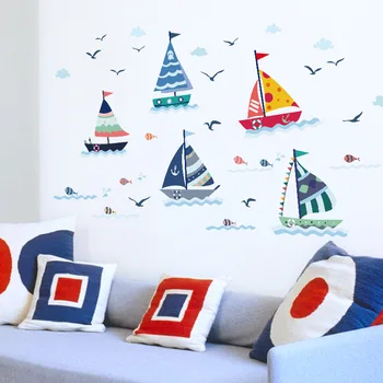 

Cartoon Sea Sailboat Seagull New Style Decoration Wall Stickers Bathroom Bedroom Entrance Waterproof PVC Wallpaper Sk7061