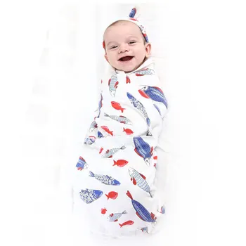 

Soft Newborn Baby Girl Boy Cotton Swaddle Muslin Blanket+Hat 2pcs Cartoon Print Baby Wrap Swaddling Blanket Hat Set