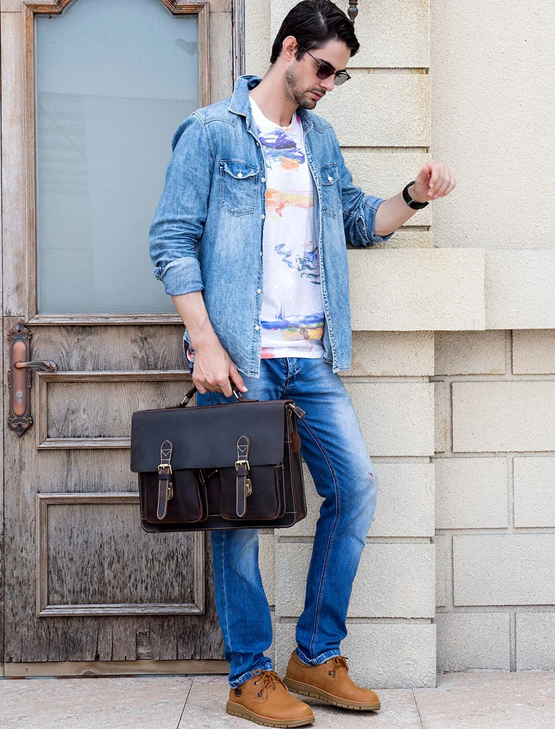 Dark Brown Unisex Large Leather Travel Laptop Bags Briefcase