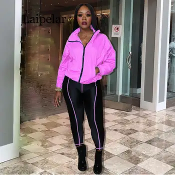 

Women Sport Tracksuit Set Tops Casual Fluorescent Long Sleeve Jacket Coat +Pencil Pants Suit Two Piece Set Outfit Fitness