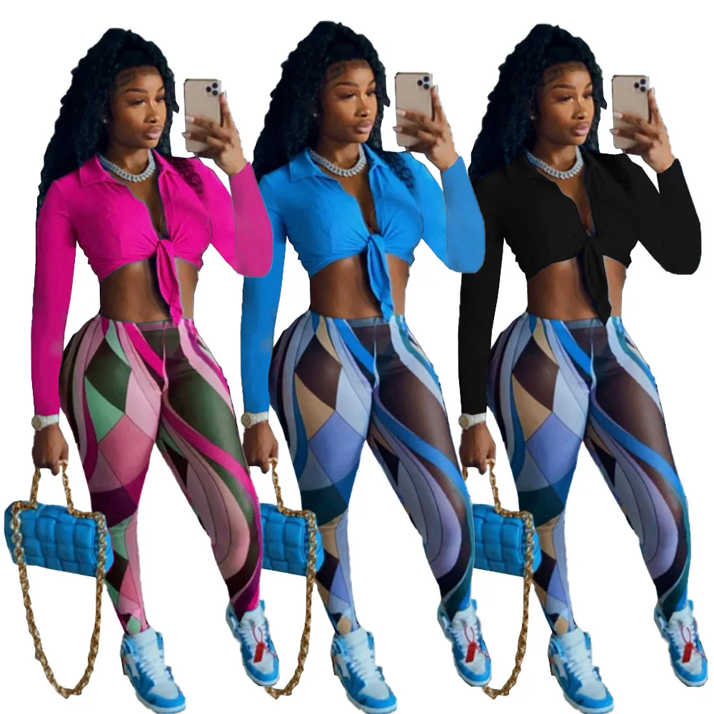 Fall Black 2 Two Piece Sets Tracksuit Womens For Sweatsuits Outfits Bandage Crop Top Printed Leggings Pants Suits Matching Sets black pu two piece women set dashiki african clothing stretch slim tops and pants matching suit summer fashion tracksuit outfits