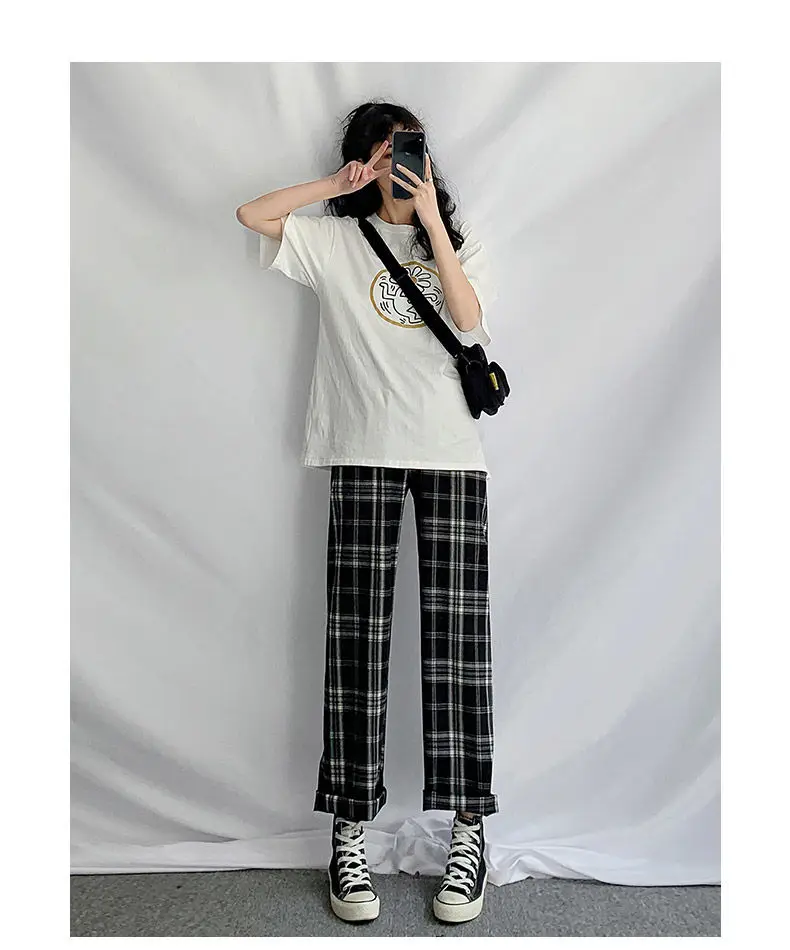 HOUZHOU Checked Black Loose Pants Women2020 Korean Style Plus Size Joggers Women Pants in a Cage For Trousers Women