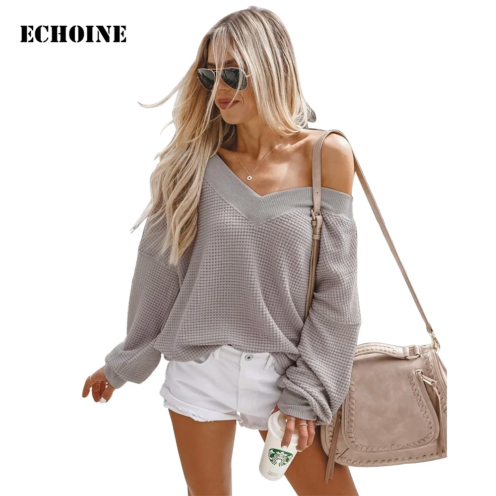 

Echoine Winter Autumn women sweaters and pullovers V-neck long Latern sleeve casual knitted jumpers pull femme sweter mujer