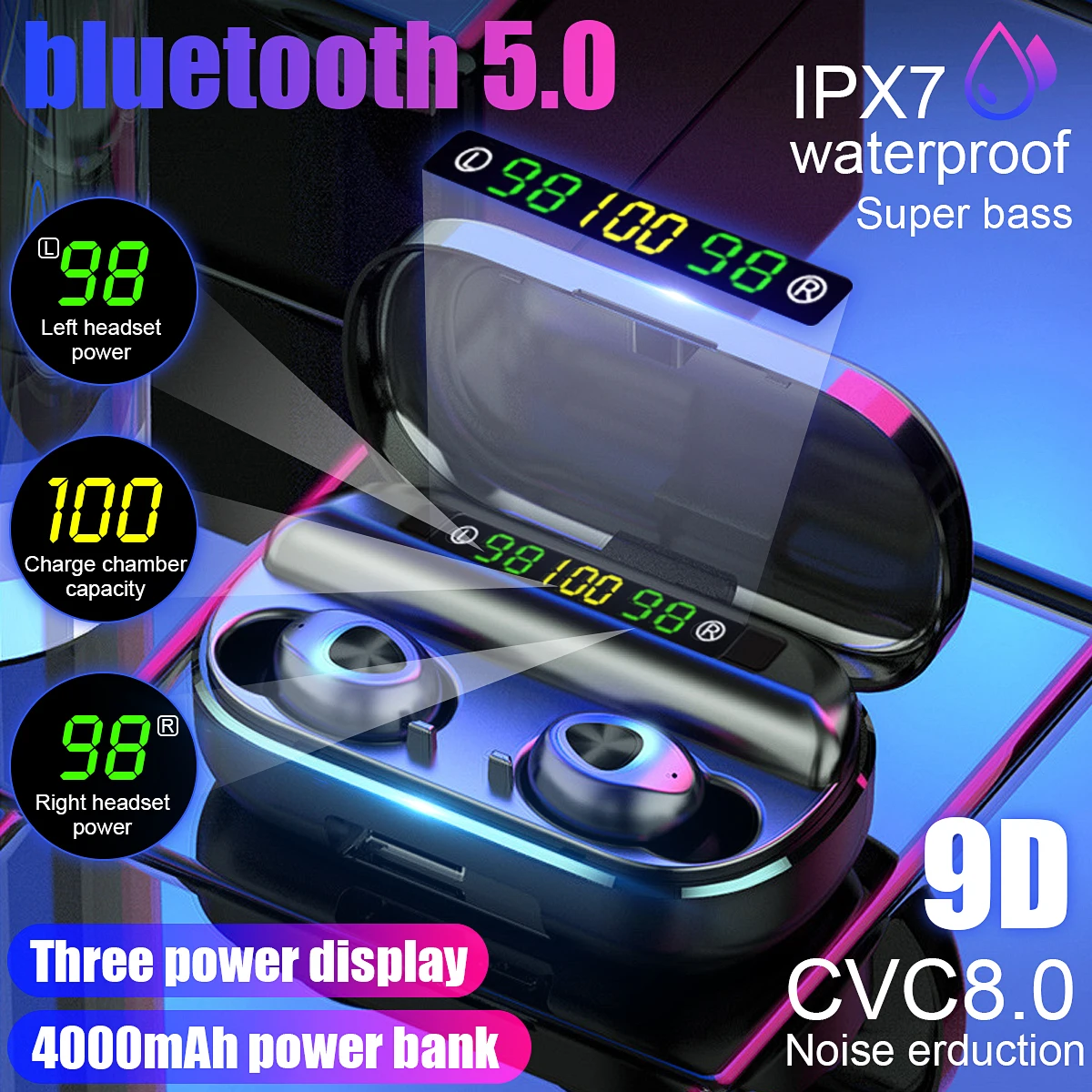 TWS 4000 мАч v5.0 bluetooth стерео беспроводные наушники водонепроницаемые с 3