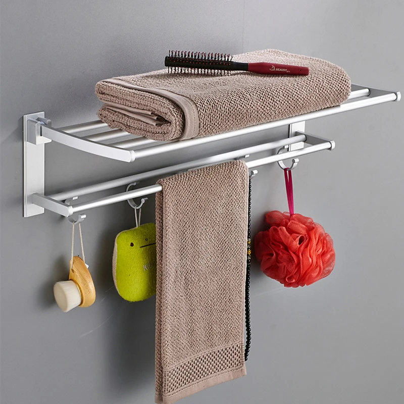 

Foldable Towel Holder Bathroom Towel Hanger Clothes Storage Rack 40 50 60cm Aluminum Shelf with Hook Kitchen Hotel No Drilling