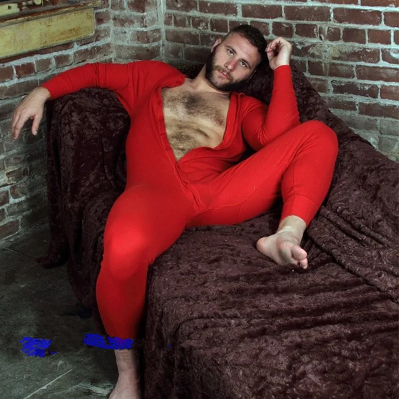 Menswear pajamas home overalls wear solid color long sleeve comfortable tight-fitting casual men's pajamas sexy