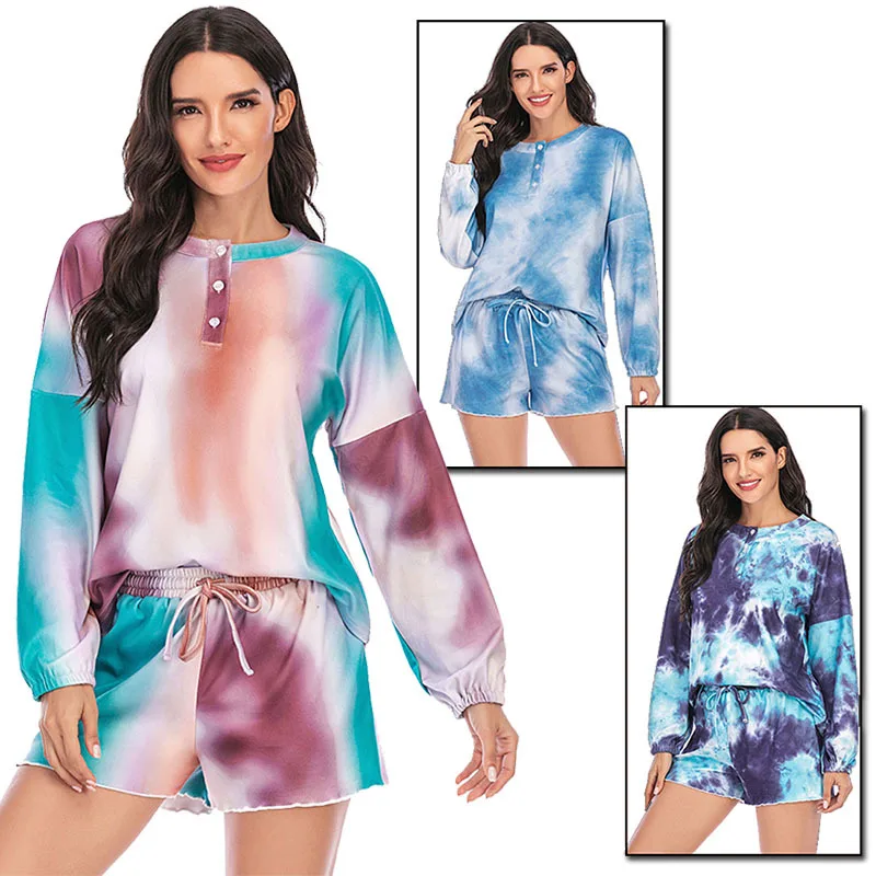 

2020 Tie Dye Pajama Set Long Sleeve Shorts Home Wear Cool Casual Home Wear Pajamas for Women Pyjamas Women Night Gown