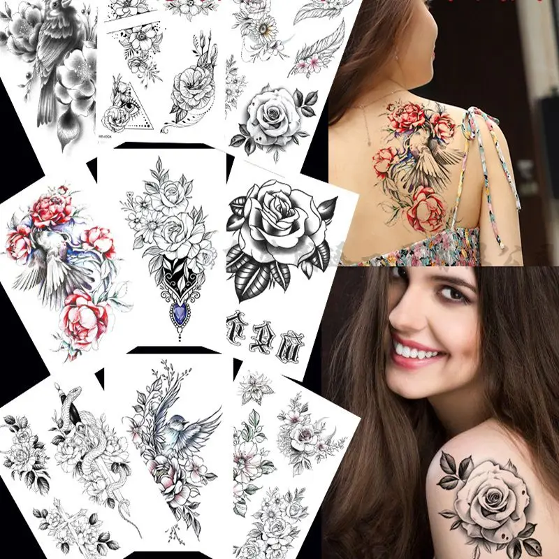 

New Temporary Tattoos for Women Flower Sketch Tattoo Stickers Black and White Arm Art Snake Stickers Waterproof and Sweat Tattoo