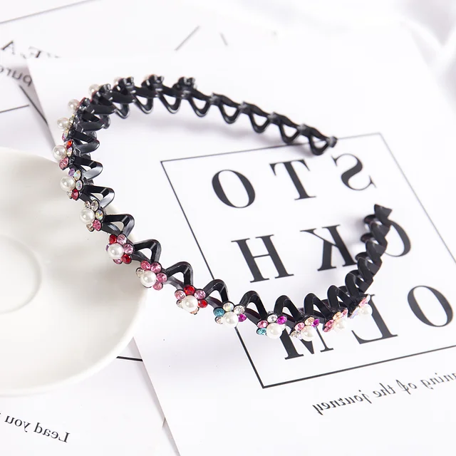 Fashion Pearl Non-Slip Rhinestone Hairbands Elastic Flower Women Hair Hoop Bands Headband Bezel Girls Hair Accessories Headdress Color pearl crystal
