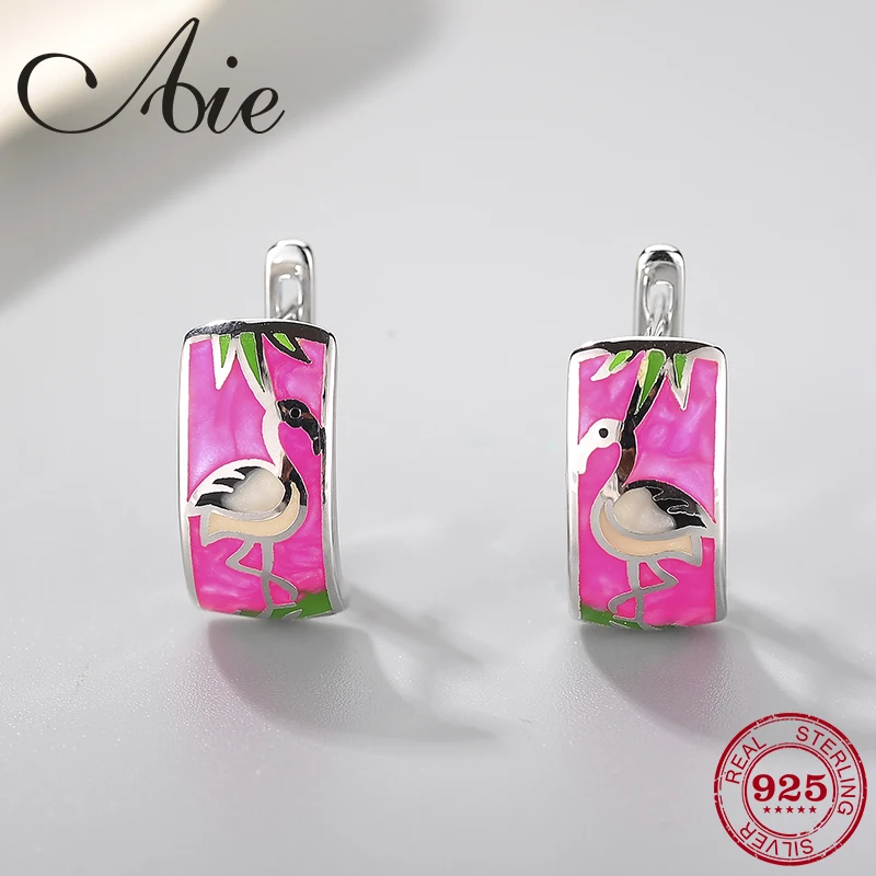 2021 new DIY gift 925 Sterling Silver Red-crowned crane green leaf pink Enamel fashion Ear clip Party Jewelry | Украшения и