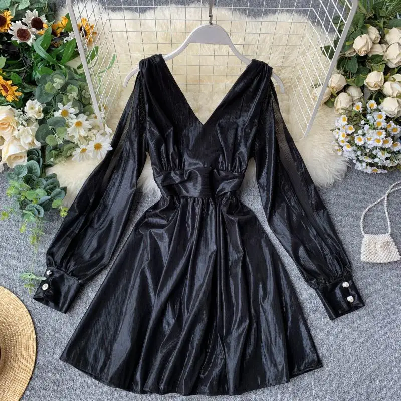 Женское осеннее платье с открытой спиной, с длинным рукавом, v-образным вырезом, с завязками на талии, яркое цветное платье, мини-платье для женщин, Vestidos Fashion LS205 - Цвет: Black