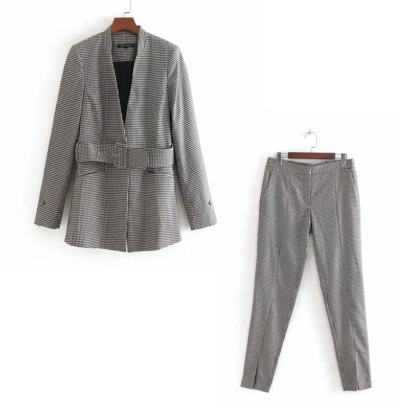 Осенние женские костюмы модный тонкий ремень клетчатый пиджак с длинным рукавом
