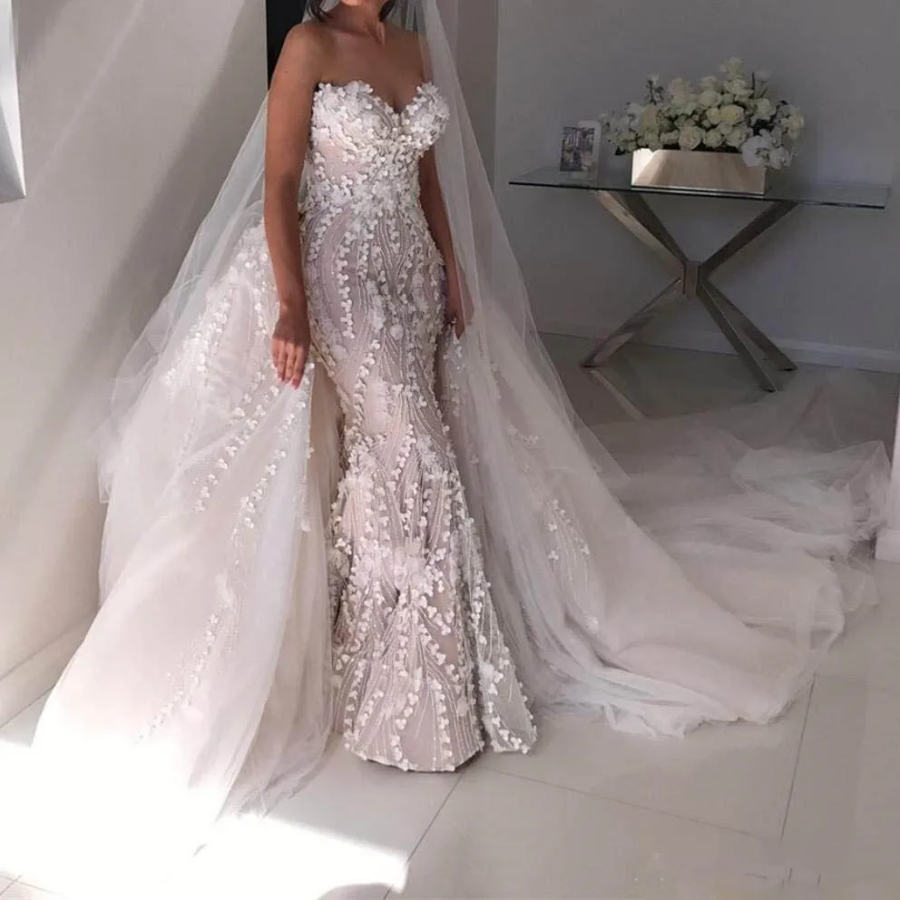 Великолепные Свадебные платья русалки белого цвета со съемным шлейфом Милая 3D аппликация персонализированное свадебное платье невесты