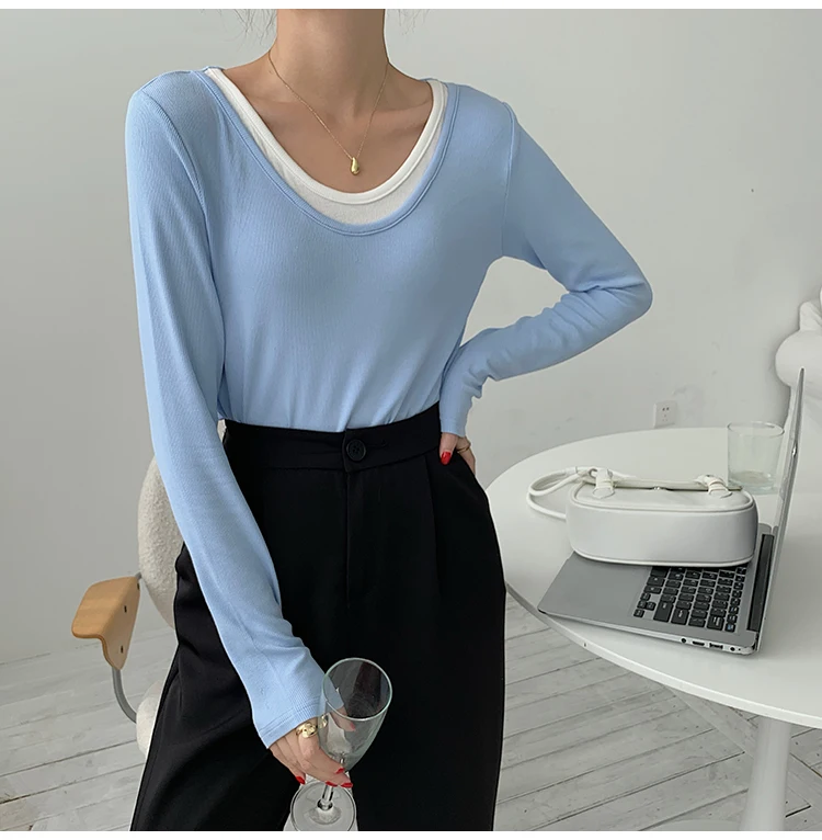 H4aa6119b25cc4bec84b352a14ce496a6K - Spring / Autumn O-Neck Long Sleeves Fake Two-Piece Loose T-Shirt