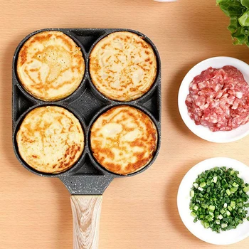 

4 Hole Omelet Pan for Burger Eggs Ham Pancake Maker Wooden Handle Frying Pot Non-stick Cooking Breakfast kitchen accessories