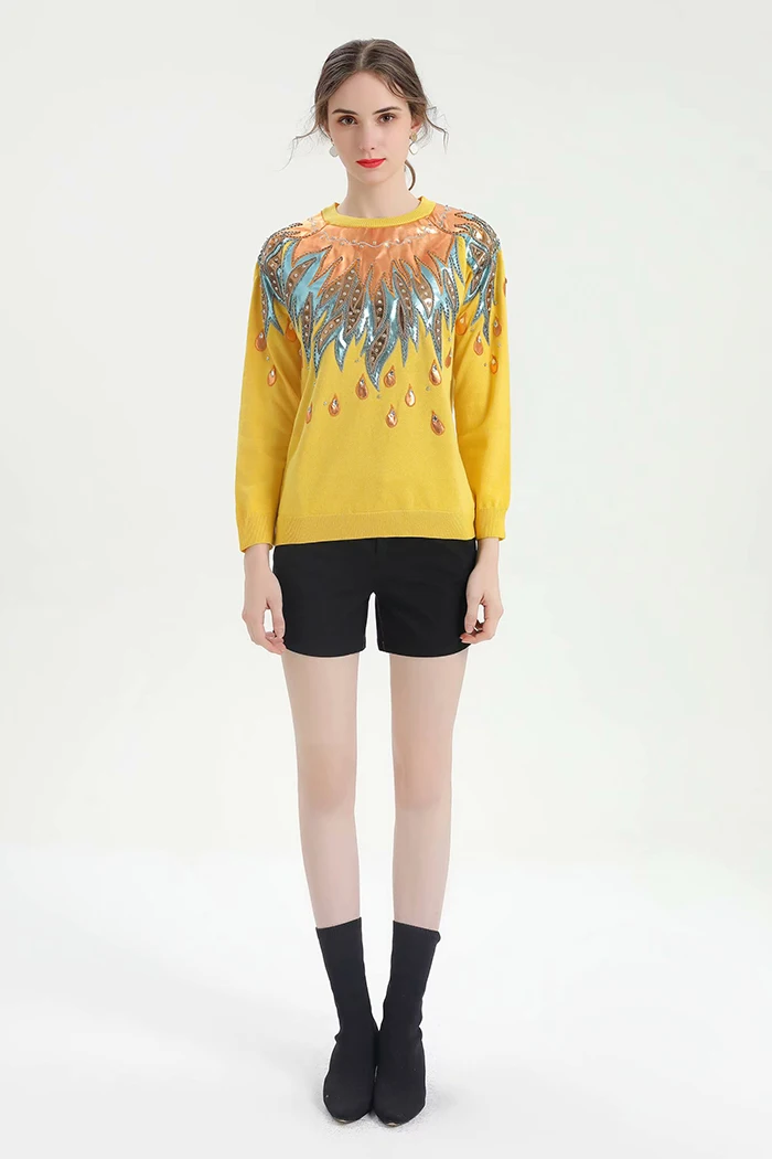 SEQINYY желтый свитер модный дизайн женские комплектующие для бижутерии из кристала роскошный вязаный пуловер Свободный