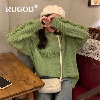 

RUGOD New Korean Style Tassel Twist Pattern Loose Elegant Pullover O-neck Solid Color Sweater Winter Tops For Women Fashion 2019