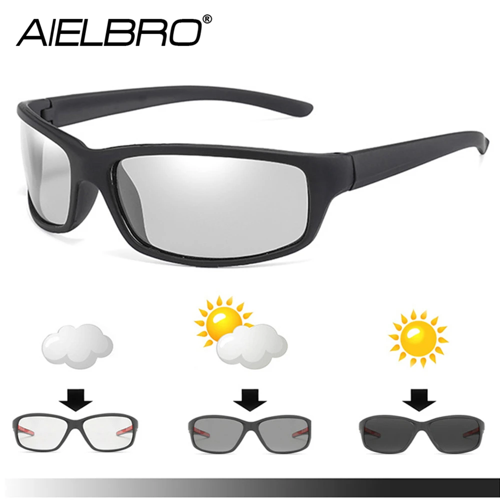 

AIELBRO Men's Glasses Photochromic Cycling Sunglasses Black Frame Polarized Men's Glasses Outdoor 18g Lightweight For Bicycle