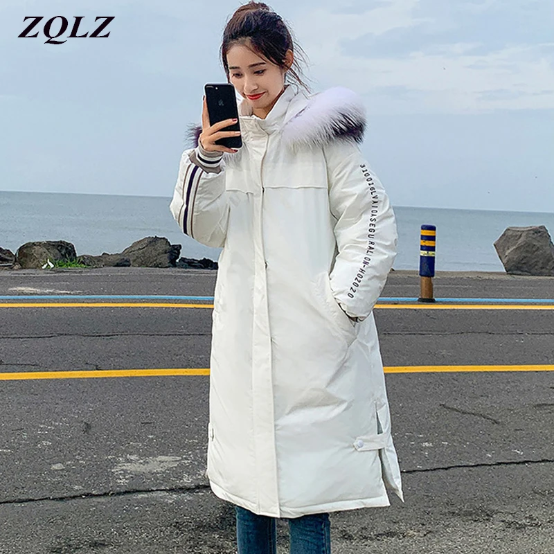 Zqlz Зимняя парка с меховым воротником и капюшоном Mujer, длинная куртка с хлопковой подкладкой, Женская Повседневная куртка с вышивкой, большие размеры