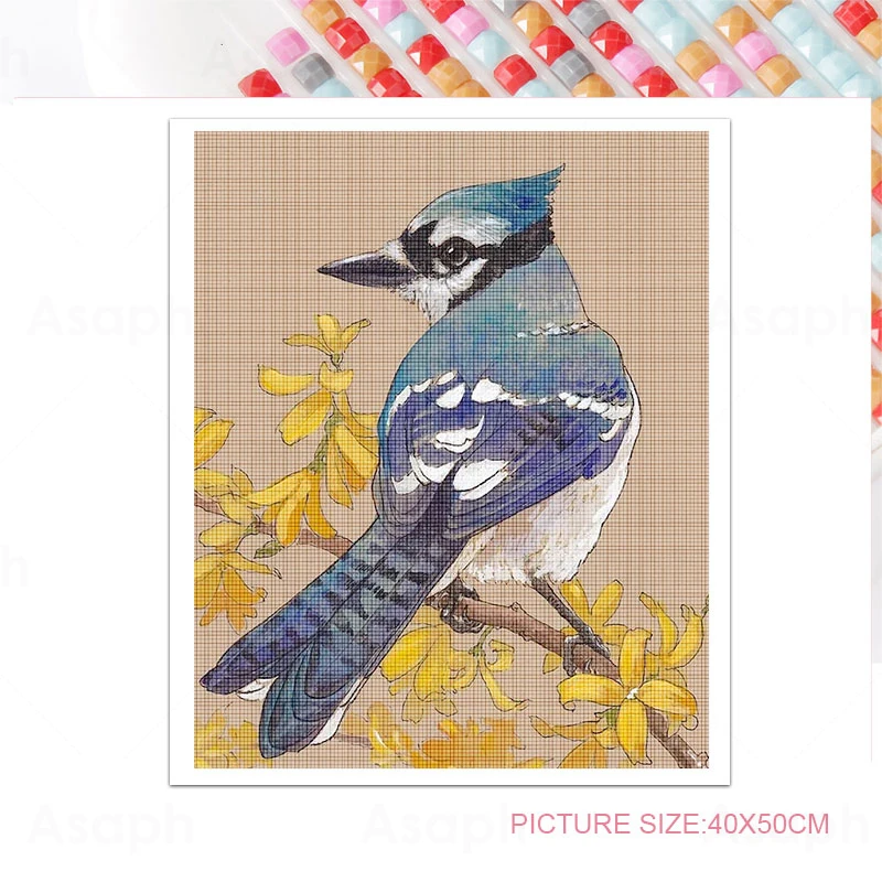 Blue Bird Jays 5D Diy Full Square and Round Diamond Painting Embroidery Cross Stitch Kit Wall Art Pet Store Home Decoration