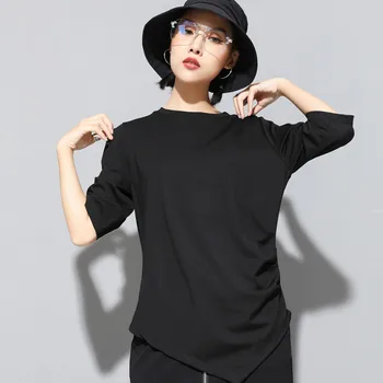 

Fashion Pullovers Female 112CM Chest Irregular Design T-shirt Solid Color Half-sleeve Crew Neck Red Black Tees And Tops