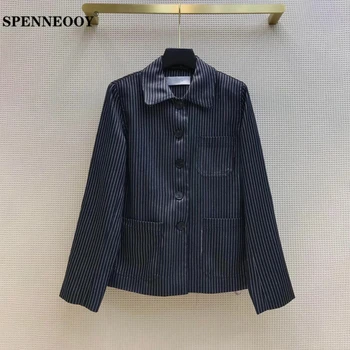 

SPENNEOOY Designer Custom Runway Autumn Women Fashion Casual Shirt Ladies Pockets Long Sleeve Striped Print Blouse 2020