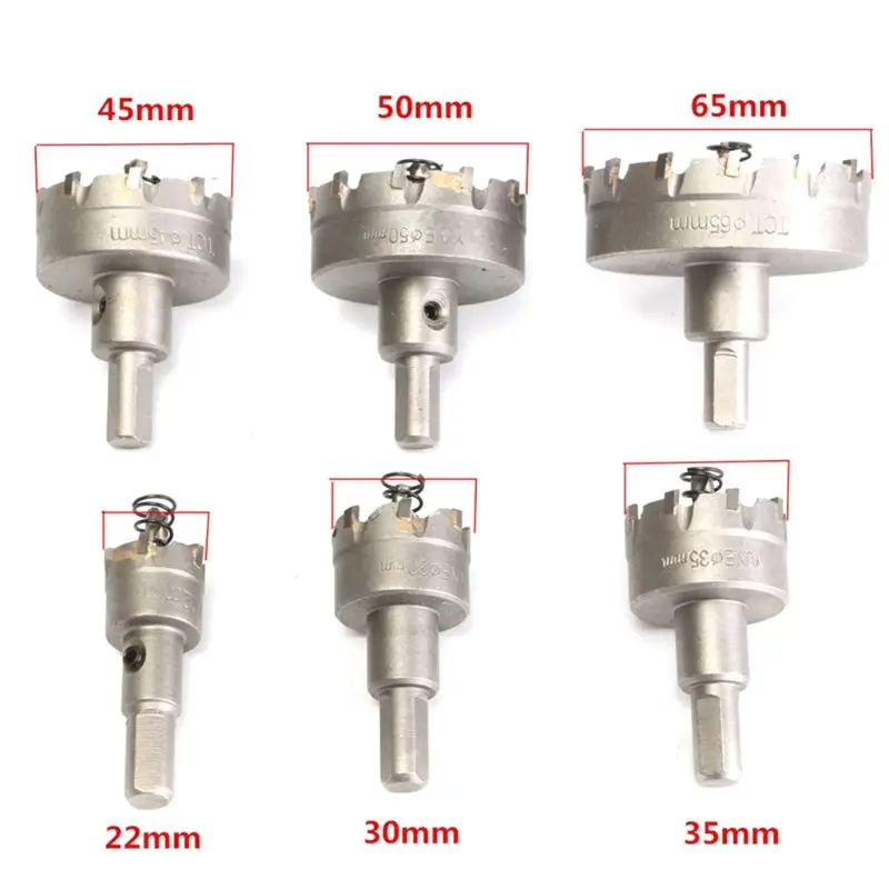 Drop Ship 6Pcs/set Carbide Tipped TCT Drill Bit Set Stainless Steel Alloy Hole Saw Cutter Tool 22mm/30mm/35mm/45mm/50mm/65mm