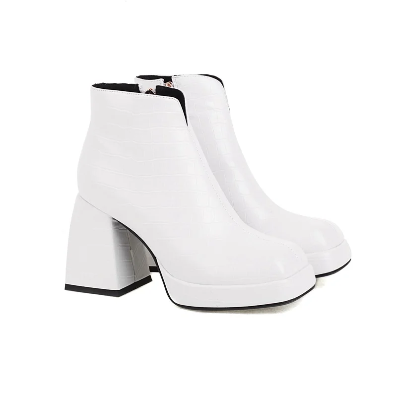 autumn winter high heels black thick platform ankle boots woman new punk print microfiber zipper leather shoes woman ankle boots