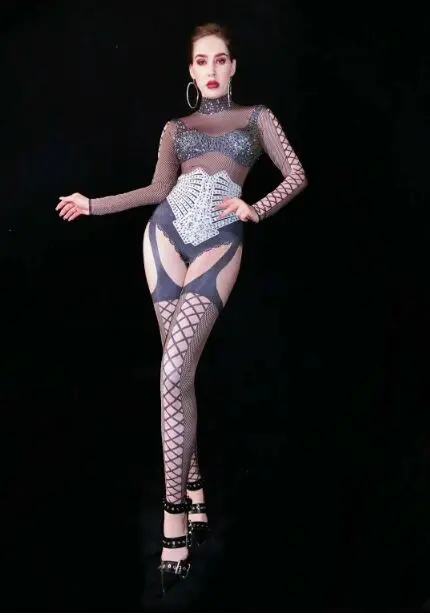 jumpsuit only Черный, серебристый, стразы, бандаж, узор, комбинезон, Женское боди для певицы, сценический наряд, танцор, выпускной, бар, сценический наряд, DS комбинезон диджея - Цвет: jumpsuit only