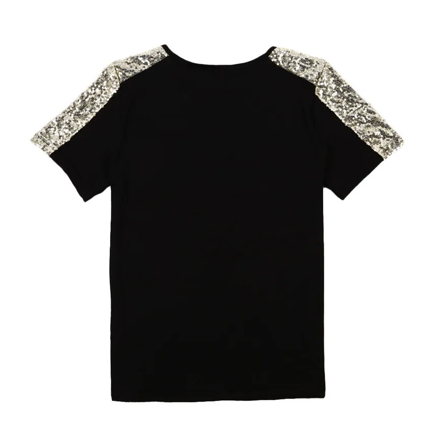Расшитая блестками футболка женская с карманом футболки топы Mujer модная черная футболка женская футболка с коротким рукавом Летний женский топ