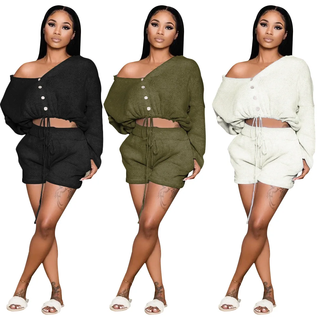 

Women New Fashion Autumn Plus Size Solid Single Breasted Two peice Sets Outfits long sleeve v-neck tops bodycon elastic pants