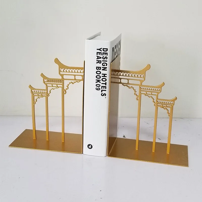 

New Chinese Style Retro Huizhou Style Pavilion Bookends Model Room Library Metal Book End Book Stand Bookend Soft Loading Decora