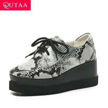 

QUTAA 2020 Platform Lace Up Women Pumps Casual Genuine Leather Snakeskin Wedge High Heel Fashion Women Single Shoes Size 34-39