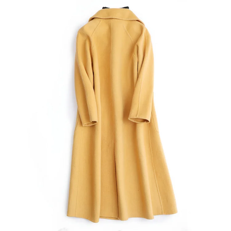Высокое качество, осень, шерстяное пальто, альпака, теплое зимнее пальто для женщин, желтое длинное шерстяное пальто, офисное женское тонкое пальто