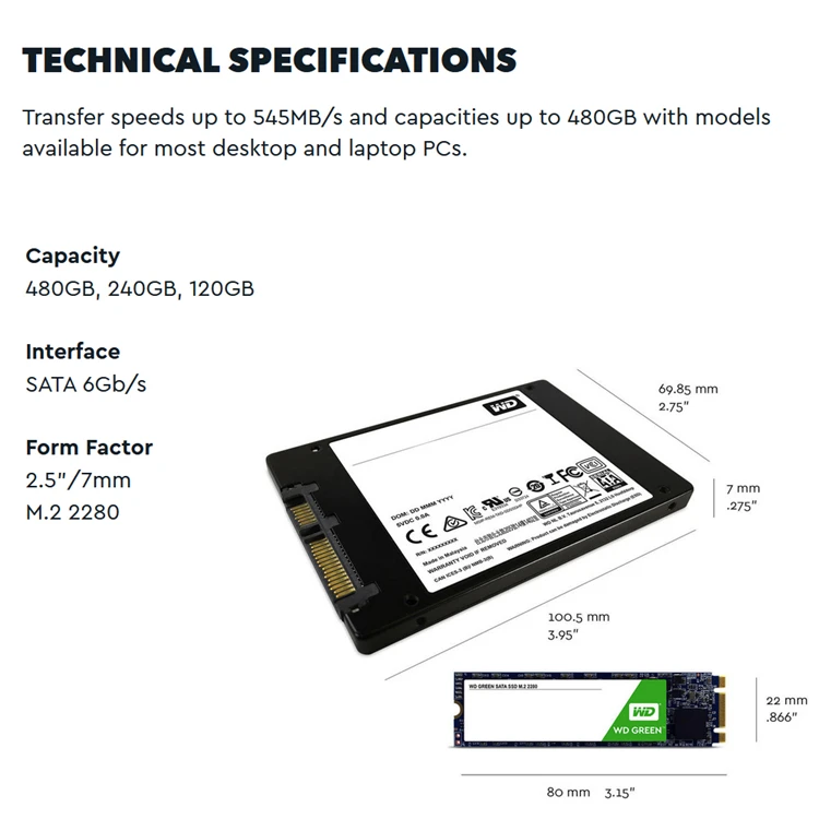 WD экологичный ПК SSD 120/240 ГБ 480 Внутренний твердотельный жесткий диск SSD M.2 2280 SATA 540 МБ/с. Western Digital для портативного компьютера