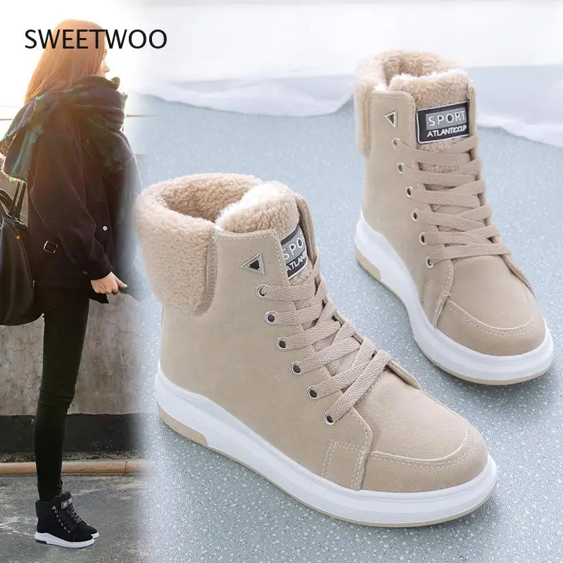 2021 Winter Boots Women Ankle Boots Warm UP Plush Winter Women Shoes Sneakers Flats Lace Up Ladies Shoes Women Short Snow Boots