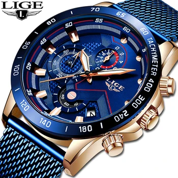 

LIGE 2019 Hot Business Men Watch Gift Blue Luxury Brand Stainless Steel Wrist Watch Chronograph Quartz Watches Relogio Masculino