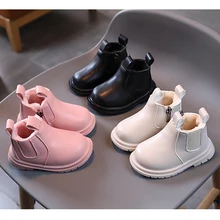 Bottes courtes d'hiver à bout rond pour garçon, chaussures de petite princesse solides, en coton épais avec fermeture éclair latérale, noires, livraison directe, 2021