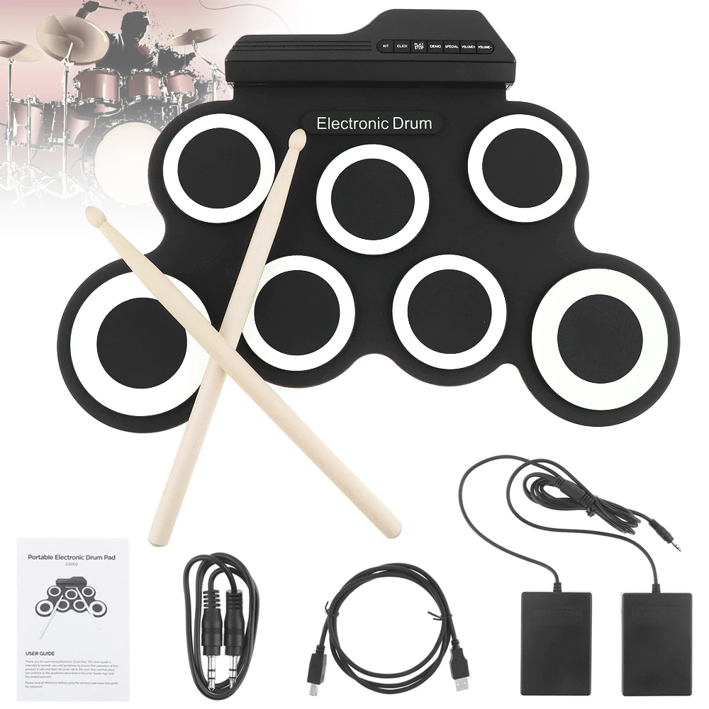 

Portable Electronic Digital USB 7 Pads Roll up Set Silicone Electric Drum Kits with Drumsticks and Sustain Pedal