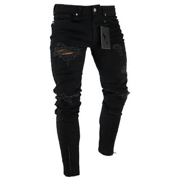 

2020 Black Stretch Skinny Fit Bottom Zipper Jeans Men Knee Ripped Distressed Hole Biker Jeans Pants Hip Hop Street Big Size XXXL