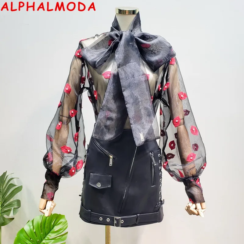 ALPHALMODA новая сексуальная модная шифоновая блузка с вышивкой в виде губ, Женская Весенняя стильная рубашка с длинными рукавами и бантом