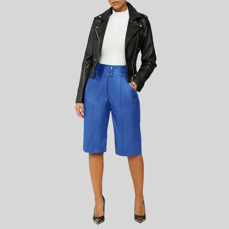 biker shorts women New Design Women Knee Length Leather Pant Casual Solid PU Sexy Office Trousers For Women Capris leather shorts