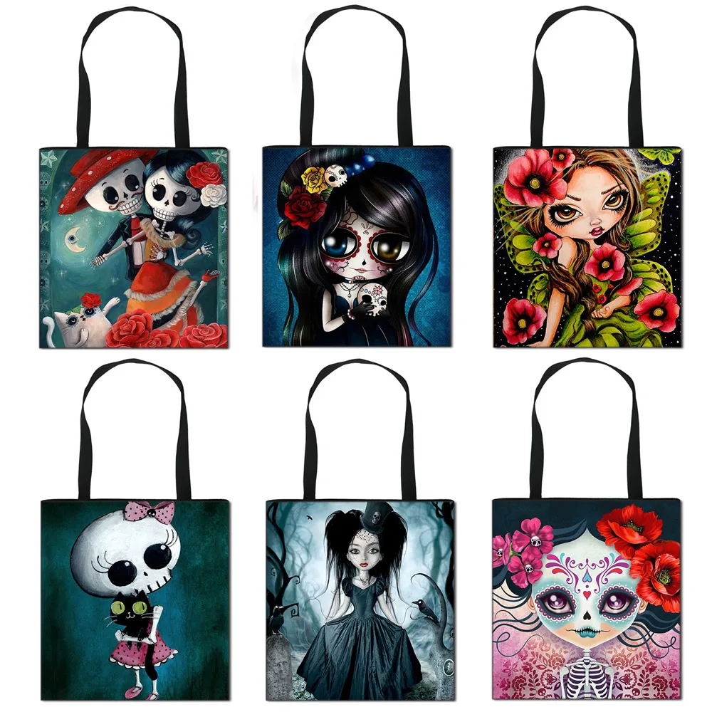 Girl Handbag Totes-Bag Canvas Gothic Cartoon Ladies Fashion Women Teenager Casual
